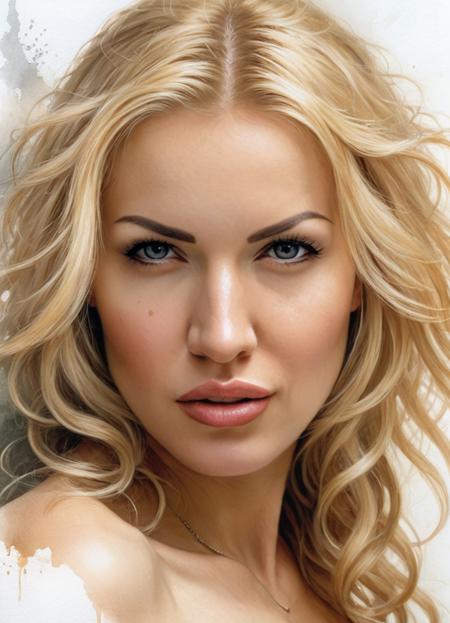 renaissance style watercolor illustration of sexy femme fatale 35yo,blonde cut hair,detailed skin pores,natural skin face,,beautiful style hair,beautiful eyes,detailed eyes,,blonde long hair,detailed skin pores,natural skin face,((looking at viewer)) . realistic, perspective, light and shadow, religious or mythological themes, highly detailed, art by luis royo