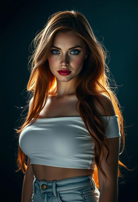 A cinematic portrait of a captivating 25-year-old woman, her fair skin adorned with freckles, illuminated by dramatic, chiaroscuro lighting that accentuates her features. Her piercing blue eyes, framed by a cascade of long, flowing fiery red hair styled in sleek, confident waves, exude a sense of commanding allure. A soft, ethereal light illuminates her delicate features, enhancing the natural beauty of her expertly applied makeup: a smoky eye with a blend of deep burgundy and charcoal shades, precisely applied eyeliner to accentuate her almond-shaped eyes, a contour that subtly defines her cheekbones, and a matte red lipstick that complements her skin tone. She strikes a confident pose, her body language exuding both sensuality and assertiveness. Her simple yet alluring outfit, a white, off-the-shoulder crop top that draws attention to her graceful collarbones, paired with high-waisted, light-wash jeans that accentuate her figure, adds to her powerful and confident demeanor. The photographer has masterfully captured a moment of timeless elegance, her gaze direct and unwavering. The image evokes a feeling of empowered femininity.