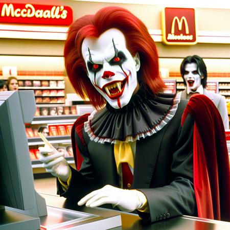 Vampyfangs1. a film still photo. 35mm. 4k. From a 2003 movie. Ronald McDonald is a vampire and is showing off his fangs, he is talking to a cashier, at a McDonalds.