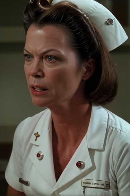 Nurse Ratched woman A tense moment between Nurse Ratched and a patient, captured in high grain analog film, 8K, detailed expressions, dramatic lighting, showcasing the power dynamics