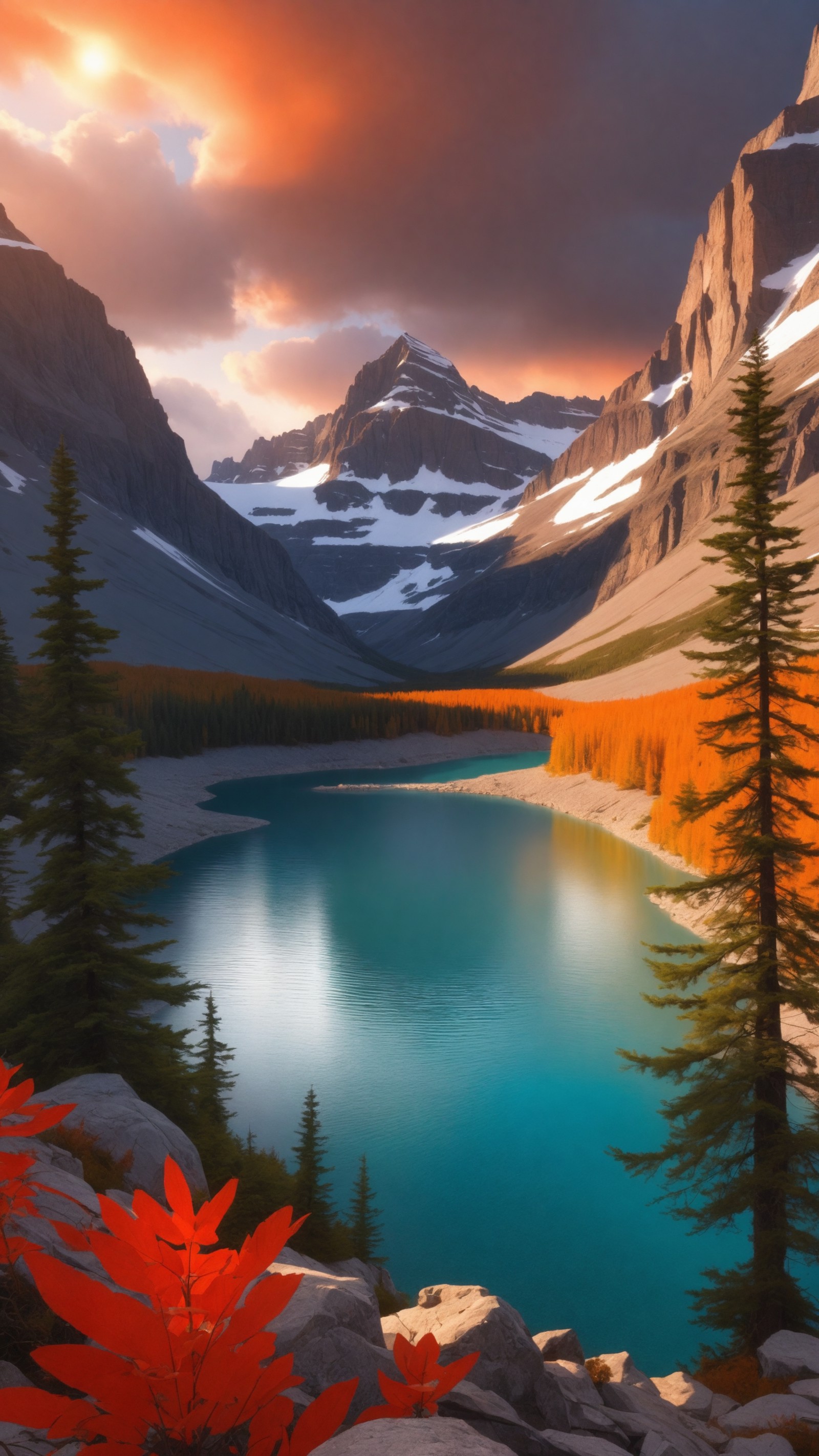 photography, a view of a lake with mountains in the background, red eerie sky, instagram photo amazing view, glacier natio...