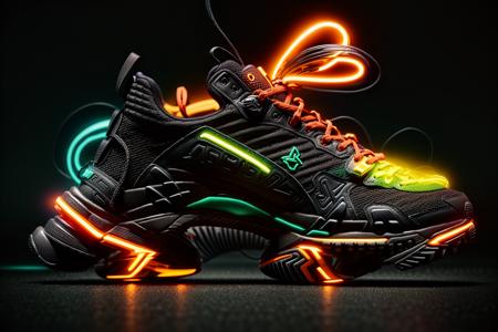 A futuristic men's sneaker hovers elegantly in mid-air amidst a neon-lit urban cityscape. The shoe is an abstract geometric form with vibrant colors of neon green,orange,and red,and it emits a dynamic and awe-inspiring glow. The design showcases a minimalistic yet striking sci-fi style,rendered in high-definition 3D with meticulous attention to detail, <lora:add_detail:0.4> <lora:more_details:0.4> <lora:AntimatterTech:0.8> <lora:Neonpunkai-8:0.4>