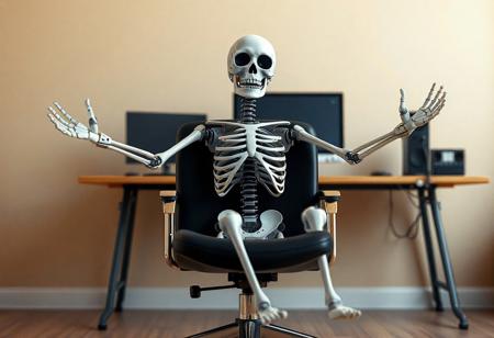 "A whimsical matte painting of a metal skeleton comfortably seated in a black office chair, arms and legs spread in a relaxed pose. The skeleton wears white gloves and black-and-white striped socks, adding playful charm. Positioned in front of a desk with a computer monitor and keyboard, the scene evokes a workspace setting. The background is a simple beige wall, providing a neutral yet harmonious backdrop. The skeleton is in sharp focus, with lifelike details and handcrafted precision, while the desk and equipment are softly blurred in the background. Rendered in a contemporary aesthetic with sharp lines, stunning colors, and a balanced composition. Inspired by Beksinski's surrealism, Grammer Effect, and Octane Render, with vivid emotions and a joyful impact. Trending on ArtStation, 4K, ultra-detailed, and impeccably composed."