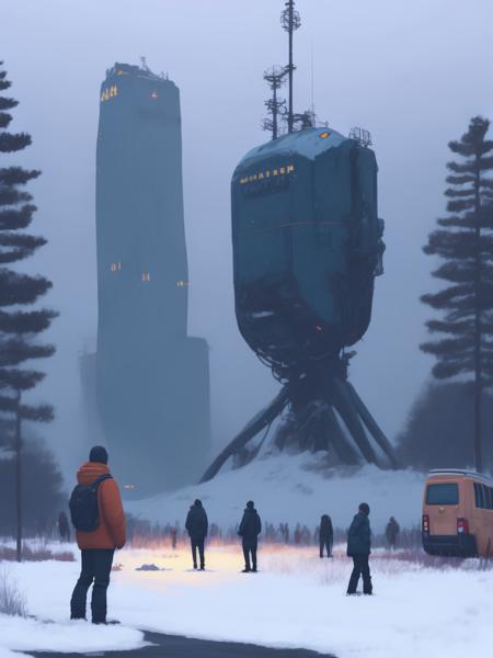 <lora:21Stalenhag:1>a couple of people that are standing in the snow by Simon Stalenhag