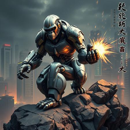 Create a highly detailed, 4K image of a gorilla robot on a rocky outcrop, inspired by Uragami Gyokudō and Alphonse Mucha's Art Nouveau style, with sleek silver armor and golden accents, in a dynamic pose under heavy fire, set against a dark pastel-colored metropolis background with micro details and lifelike textures, incorporating Japanese text, and adhering to the golden ratio. Ensure the image is ultra-wide angle, hyper-realistic, and has an alluring, high-fashion aesthetic, reminiscent of Naomi Campbell. Include advanced technology UI elements and maintain a balance between light and dark pastel colors.
