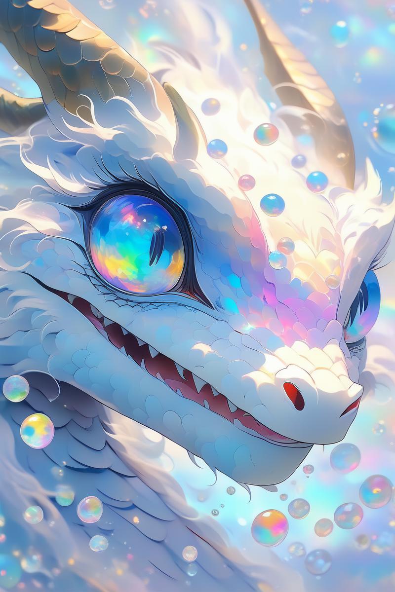A white dragon with blue and purple eyes and a pink nose.