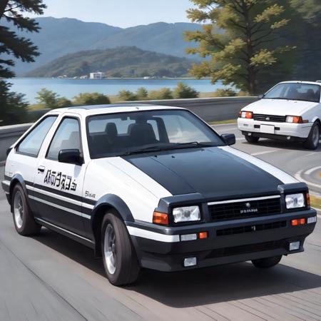 TakumiFujiwara,1boy,short hair,brown hair,black eyes, t-shirt,jeans pants, AE86,car,