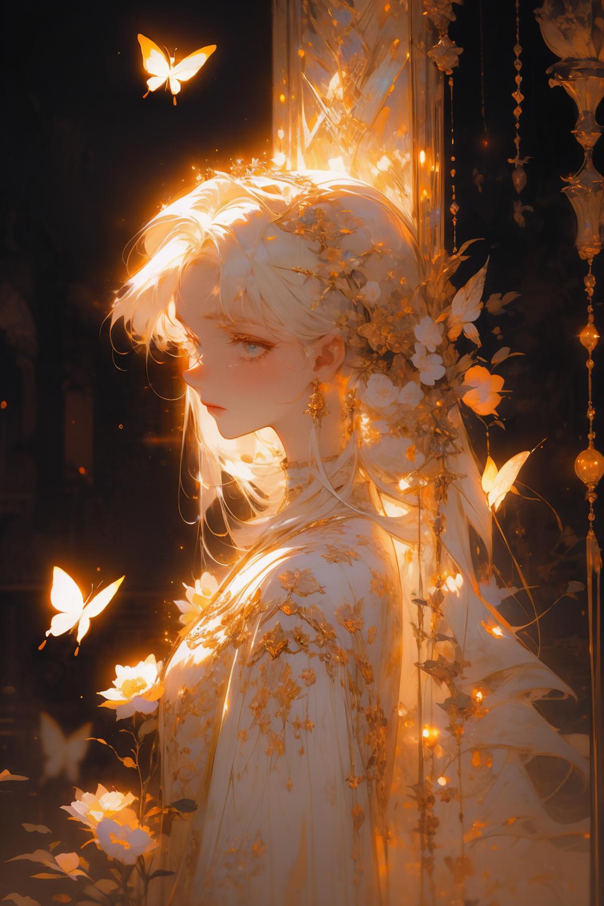 An illustration of a woman with white hair, wearing a white dress, surrounded by a golden aura and butterflies.