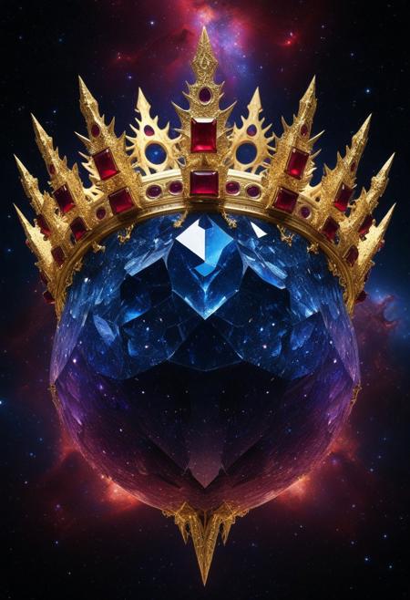 A divine crown suspended in the void, forged from endless layers of fractal gemstone shards, each facet reflecting a different universe. Golden ethereal threads connect the structure, pulsing with cosmic power. A radiant figure levitates beneath, bathed in sapphire and ruby light, their hands outstretched as if channeling the crown’s limitless energy. The scene shimmers with hyper-detailed crystalline textures, glowing cosmic dust, and cinematic depth. Ultra-HD, breathtaking fantasy aesthetic. cs-cr1stal-v2