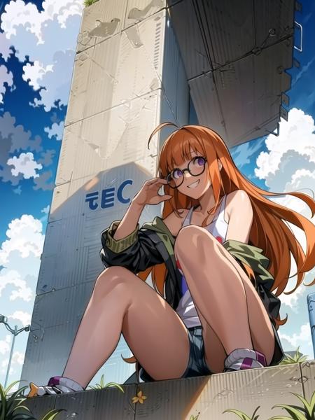 masterpiece, best quality, highres, extremely detailed CG unity 8k wallpaper, realistic shadows,
dsfutaba, orange hair, long hair, blunt bangs, ahoge, glasses, purple eyes, mischievous grin, tank top, jacket, shorts, 1girl, solo, sitting, from below, foreshortening,
clouds, sky, detailed background
<lora:dsfutaba_e5:0.75>