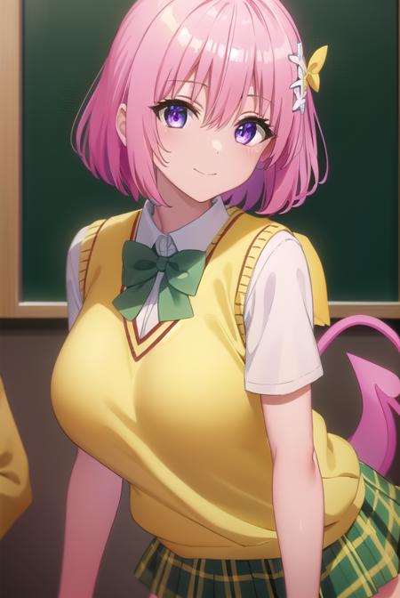 momodevilluke, <lora:momo deviluke darkness-lora-nochekaiser:1>,
momo deviluke, demon tail, hair flower, hair ornament, (purple eyes:1.1), pink hair, short hair, tail, smile,
BREAK demon tail, green skirt, plaid, plaid skirt, sainan high school uniform, school uniform, skirt, sweater vest, thighhighs, (yellow sweater:1.5), short sleeves, bow, (green bow:1.5),
BREAK indoors, classroom,
BREAK looking at viewer, (cowboy shot:1.5),
BREAK <lyco:GoodHands-beta2:1>, (masterpiece:1.2), best quality, high resolution, unity 8k wallpaper, (illustration:0.8), (beautiful detailed eyes:1.6), extremely detailed face, perfect lighting, extremely detailed CG, (perfect hands, perfect anatomy),