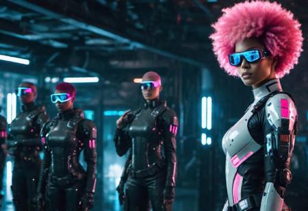 ultra wide scene, 50 military recruits saluting a sexy half african half caucasian female cyberpunk military officer with realistic pink afro hair. glowing white eyes, one cyborg arm, cyborg face implants, cyberpunk shades, beautiful strong facial expression, cyberpunk military uniform