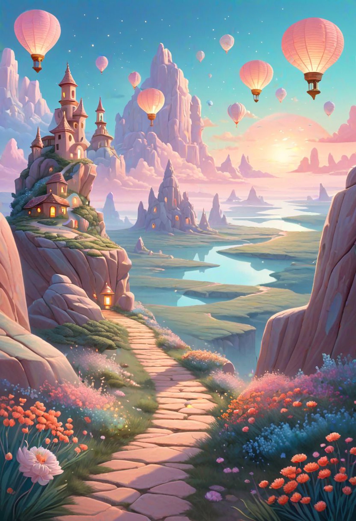 a whimsical journey, path meandering into an undefined horizon, surrounded by a surreal landscape, peculiar flora and faun...