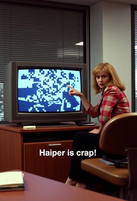 Scene from a 1985 movie scene inside an office building.  An angry boss lady sits on top her desk next to a large CRT tv, facing the camera. On the screen of the CRT we can see pixelated footage of poor quality. The lady is pointing to the TV with one hand and subtitles text read "Haiper is crap!" in a blocky font. The visual style is similar to that of the robocop movie.