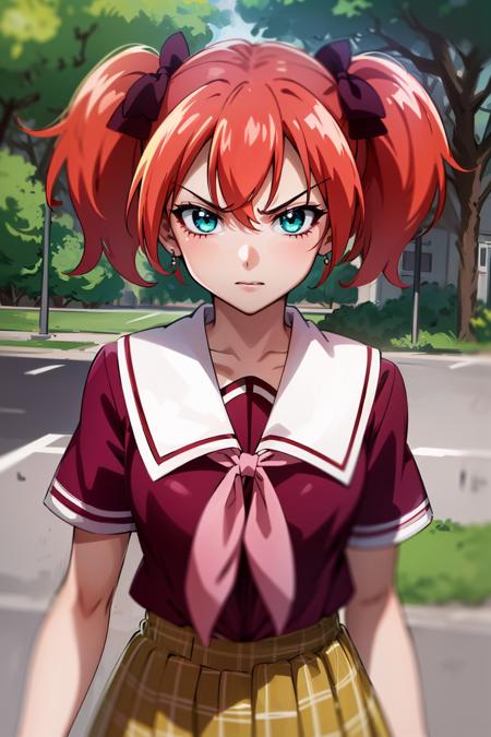 1girl, solo, shuzen kokoa, red hair, short hair, twintails, hair bow, green eyes, small breasts, school uniform, red shirt, short sleeves, white sailor collar, pink ribbon, plaid skirt, black thighhighs, panties, pantyshot, (annoyed, v-shaped eyebrows:1.25), (outdoors, school grounds:1.35), (masterpiece:1.4), (best quality:1.1), (absurdres:1.0), (intrincate), (full sharp), (extremely detailed:1.25), (exquisite details), (sharp details), (high definition), (anime, anime coloring:1.45), <lora:Shuzen Kokoa (Rosario + Vampire):0.7>