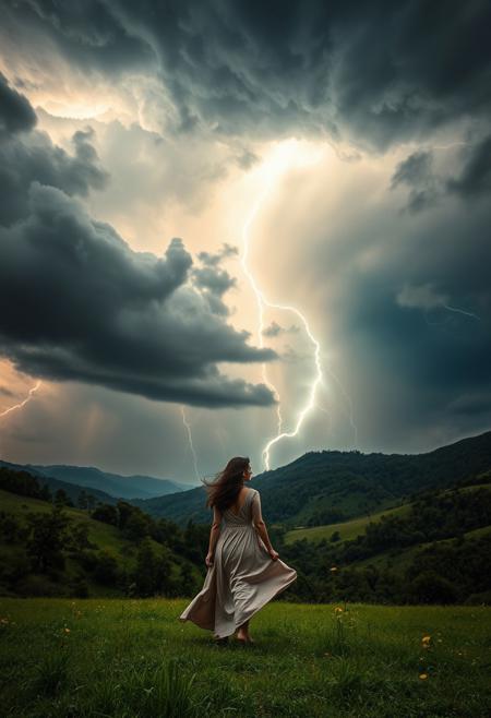 Una escena impresionante de una tormenta majestuosa donde múltiples arcoíris bien definidos se entrelazan entre las nubes oscuras y relámpagos iluminan el cielo con destellos místicos., detallados los arco irirs. La lluvia cae suavemente, reflejando los colores vibrantes del arco iris en cada gota. En el primer plano, una mujer elegante camina con gracia a través de un extenso valle verde, con el viento ondeando su vestido largo y fluido de seda. Su postura es imponente y llena de confianza, con una mirada serena y penetrante. Su cabello oscuro y ondulado flota con la brisa, capturando la esencia del momento. Cada detalle es nítido y bien definido, desde la textura del vestido hasta la suavidad de su piel. La iluminación cinematográfica realza los contrastes entre la tormenta y los colores vivos, aportando una profundidad asombrosa a la imagen. Capturado con una estética fotográfica en 4K ultra-realista, con una composición perfecta donde la mujer y la tormenta de arcoíris crean una armonía visual espectacular.