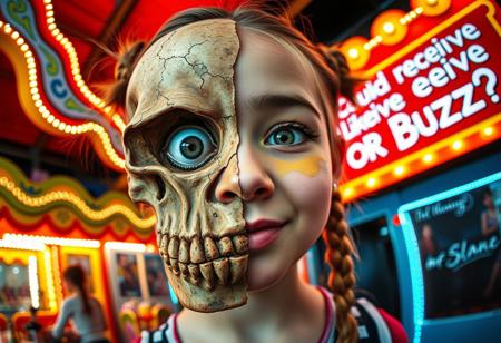 “A whimsical and surreal portrait of a girl with a distorted, comical face, featuring one eye larger than the other, vibrant face paint, and two playful braids in her hair. Half of her face is a real, rotten skull, with detailed, decayed bone structure, exposing cracked and aged bones, and the skull appears lifelike yet worn with time. The other half is covered in exaggerated, colorful face paint. The skull gives off a gritty, almost macabre vibe, blending with the lively and hype atmosphere of the carnival. Captured using a 12mm fisheye cinematic prime lens for an exaggerated perspective. The setting is a lively carnival with neon lights, whimsical decorations, and a dreamy yet unsettling atmosphere. A rotten, old light banner in the background displays the text: ‘Could I receive a Like or Buzz?’ in flickering, uneven letters. The colors and contrasts are enhanced for a surreal effect, combining playful and eerie styles, with a mix of humor and dark visual artistry.”