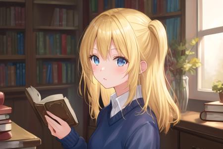 masterpiece, best quality, 1girl, portrait, standing, blunt bangs, medium hair, , blonde hair, sweater, fluffy, indoors, bookshelf, book, scroll, , <lora:kinugami32:0.9>