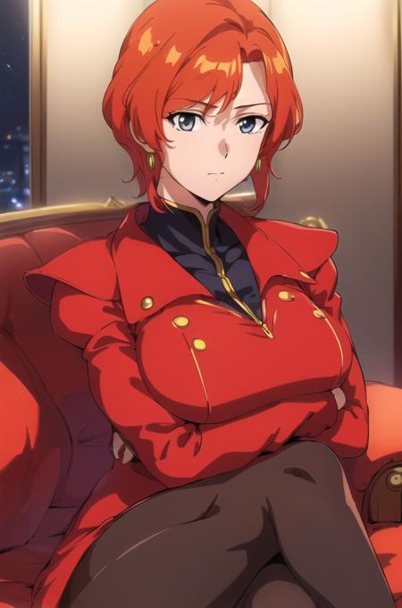 (Night:1.7), Cyberpunk_CityView, Before Window,
sitting at attention,sitting on couch,crossed arms, 
red uniform,red jacket,military_uniform,military,long_sleeves,red_cape,Black_shirt,pantyhose, 
<lora:Berah_Ronah_Crossbone-KK77-V1:0.7>,<lora:aiueOkaStyle_v10:0.1>, <lora:saiminSeishidou:0.1>,
orange_hair,short_hair,earrings, jewelry
1 girl, 25yo,mature female,Beautiful Finger,Beautiful long legs,Beautiful body,Beautiful Nose,Beautiful character design, perfect eyes, perfect face,
looking at viewer, (innocent_big_eyes:1.0),(expressionless:1.3),
NSFW,official art,extremely detailed CG unity 8k wallpaper, perfect lighting,Colorful, Bright_Front_face_Lighting,
(masterpiece:1.0),(best_quality:1.0), ultra high res,4K,ultra-detailed,
photography, 8K, HDR, highres, absurdres:1.2, Kodak portra 400, film grain, blurry background, bokeh:1.2, lens flare, (vibrant_color:1.2)
(Beautiful,large_Breasts:1.4), (beautiful_face:1.5),(narrow_waist),