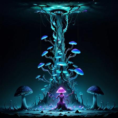 Create a 3 minutes video for YouTube about Kleptoparasi King of all Calamities  An eerie mushroom cathedral, its bioluminescent interior casting a soft, ethereal glow. The walls and ceiling are lined with cracked, glowing blue veins that mimic the intricate patterns of shattered glass, hinting at the presence of archaea and bacteria. In the center of this mystical space, a Kleptoparasi is a mixes of archaea/bacteria/mushroom/parasite/fungi a living virse humanoid entity, stands tall with its translucent bioluminescence glass like skin revealing a complex network of neon glowing veins in the same electric blue hue. Its eyes are two piercing dots of light that seem to pulse in sync with the surrounding fungal structure. The creature wears tattered robes made from what appear to be discarded membrane scraps, giving it an otherworldly, yet strangely organic appearance. As it steps into the heart of the cathedral, its veins flare up in a symphony of colorful flames—purple, teal, yellow, green, red, orange, and pink—manifesting its Kleptoparasitism Striker form. Its hands are now engulfed in a fiery dance of multiple hues, each flame representing a different type of energy stolen from various hosts. The parasite's posture is one of determination, its eyes focused on the horizon of the mushroom forest beyond, symbolizing its relentless pursuit of new life to infect and adapt to. The scene is a mesmerizing blend of beauty and horror, showcasing the delicate balance of life