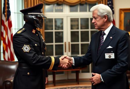 classic cobra commander in an immaculate military dress uniform posing for photo shaking hands with president clinton of the united states in sharp suit inside the oval office, real photograph, infusion of gi joe and ww2 german style, photorealistic, correct hands, correct fingers, presidential seal, vote button, campaign photo, election, elegant scene