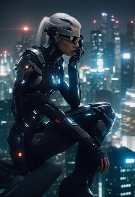 a beautiful woman in a futuristic suit sitting on a ledge in a city at night with her hands to her face,white & silver hair,ue5 render, epic sense, realistic, cyborg, semi-human