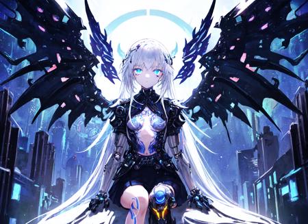 ((best quality)), ((masterpiece)),((ultra-detailed)), (illustration), (detailed light), (an extremely delicate and beautiful),
((solo)),((cowboy shot)),
(((a beautiful girl))),((small_breasts)),((looking at viewer)),
((Mechanical wings,huge_wings)),(mechanical prosthesis),(Glowing line tattoos,Glowing line tattoos on arms,Glowing line tattoos on legs),
(skirt),
(beautiful blue eyes),white hair
(beautiful sky),city,
((sitting))