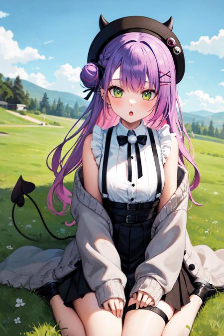 masterpiece, best quality, highres, bbtowa, long hair, single hair bun, black headwear, beret, fake horns, hair ornament, piercing, demon tail, black bowtie, white shirt, sleeveless, off shoulder, grey cardigan, open clothes, sleeves past wrists, black skirt, suspender skirt, thigh strap, <lora:tokoyami_towa_v1:0.7>, wariza, :o, grass, field,