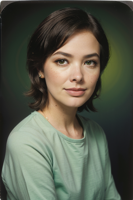 JanineTurner, Century Camera Co. Studio, 160mm f/8, 1/10s, ISO 25, ((tintype, portrait, full color, bold color, yellow, green, gradient)), blouse, ((geometric halftone background))