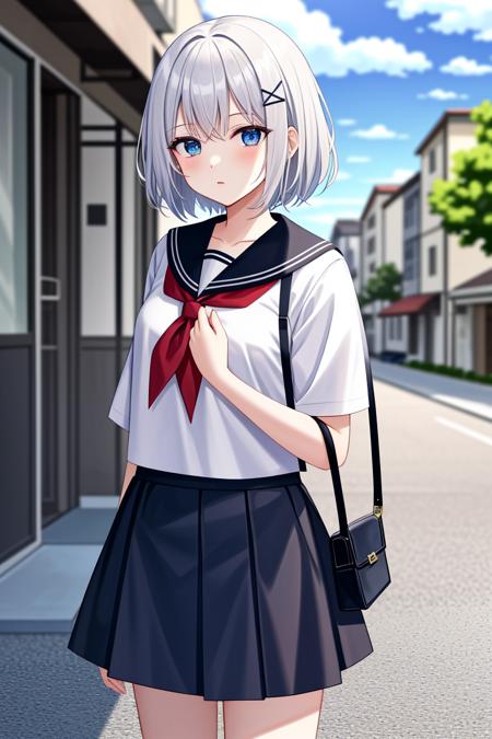 siesta diad siesta diad, 1girl, short hair, white hair, x hair ornament, blue eyes, neckerchief, serafuku, bangs, red bow, white shirt, skirt