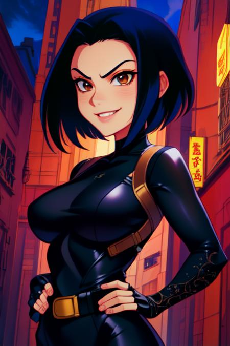 Jade, short black hair, brown eyes, , upper body, smiling,  hands on hips, 
JaBSuit, black fingerless gloves, (black bodysuit), black belt, straps,
 cartoon Hong Kong,  mature,  nighttime, 
 (insanely detailed, beautiful detailed face, masterpiece, best quality) cinematic lighting, anime, 
 <lora:Jade-10v2:0.8>