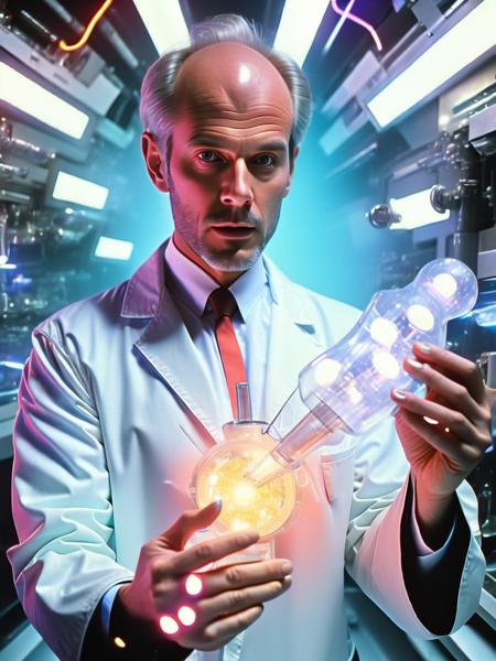 <lora:TerryGilliam:1>anatomical quantum biological processor medical cutaway film still 2023 surreal bizzarre goop store with balding male scientist in white robe who is showing off insane awful looking medical devices that serve no purpose horror film dark tron glowing hyper colors.