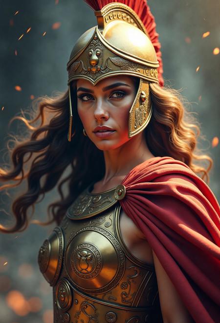 A powerful waist-up portrait of a divine warrior woman, reimagined as a modern embodiment of Athena or Diana, glowing with ethereal gravitas. She wears a gleaming bronze chestplate embossed with ancient sigils—owls, crescent moons, and labyrinthine keys—crafted to accentuate both strength and femininity. Her full-face Corinthian helmet, burnished and radiant, is slightly tilted back to reveal a chiseled visage: luminous olive-toned skin, deep-set dark eyes adorned with smoky eyeshadow, and bold red lips that smolder with silent authority. Her thick, wavy hair flows in strands of dark gold and midnight, caught in a celestial breeze that stirs the edges of her crimson cape. The background is an abstract tapestry of shadows and stormlit textures—blues, blacks, and muted golds—evoking chaos and divinity. Subtle embers and sparks float around her, adding a touch of mythic fire. The overall style is photorealistic with a movie-poster gloss finish: ultra-sharp detailing, lens flare highlights, and high-contrast cinematic lighting that bathes her in a divine, battle-hardened aura