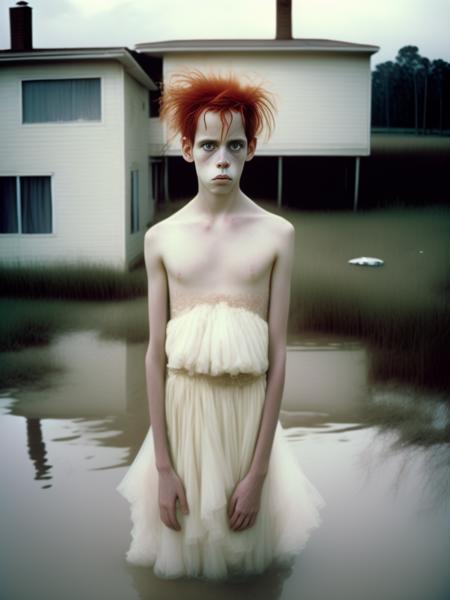 <lora:AlecSoth:1>scanned magazine texture of realistic far-angle shot documentary style photography grunge sad shy ugly boy teenager wearing wedding dress standing near a house in a swamp ,nan goldin lighting, movement, larry sultan