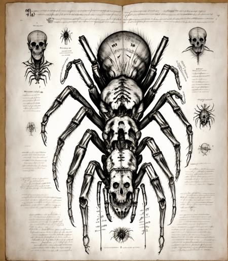 DrawMonster, DraWM0n57ER,full page scan of 1800s detailed anatomy book medical,mysterious symbols around,text,scribbles and text-notes, humanoid spider,anatomy coal  illustrations,style of Kim Jung Gi,ancient writing,old white paper,sheet page scan,Jan Matejko ADOLPHE MILLOT,
 <lora:AnyLora-MonsterLora09:0.9>