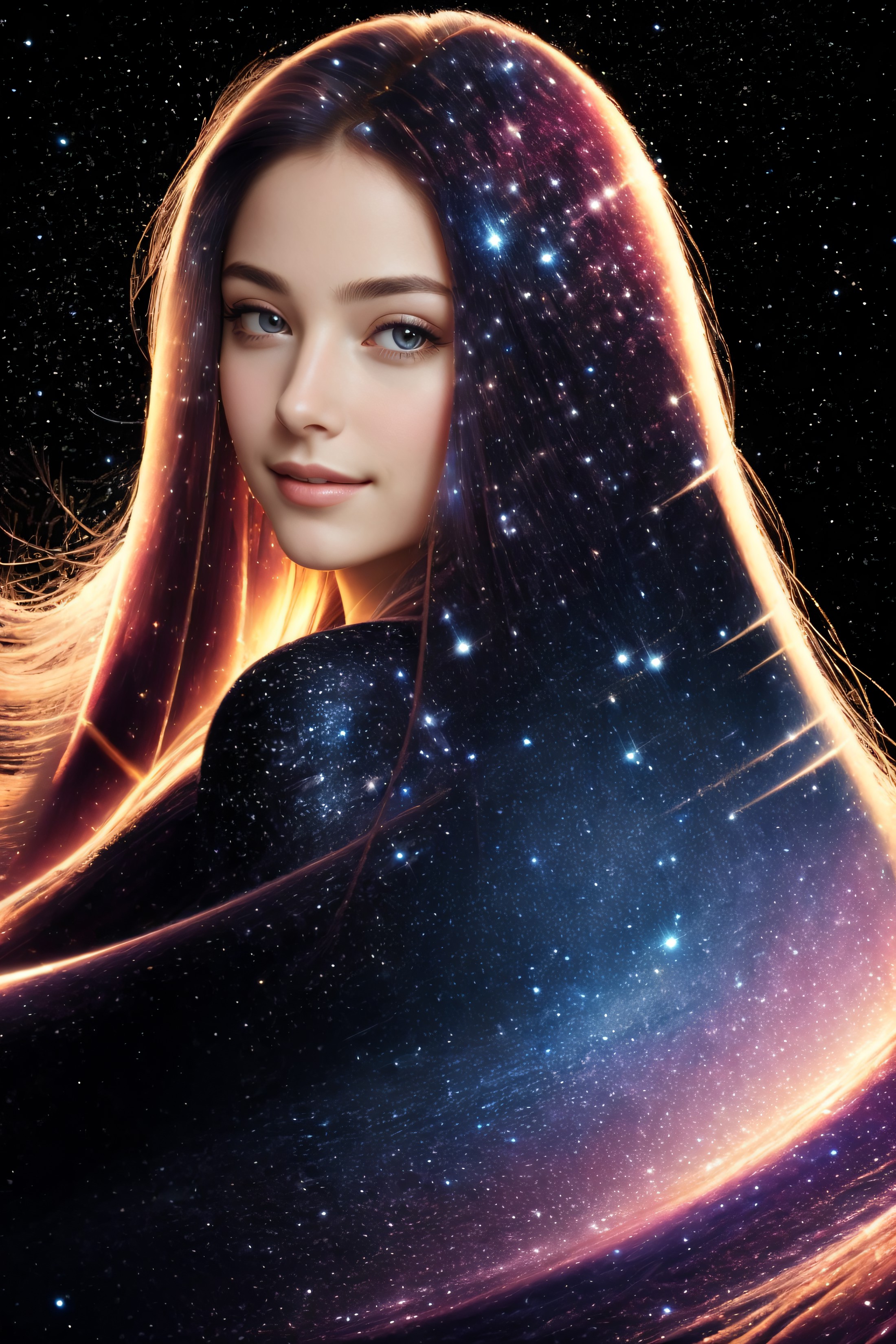 ((best quality)), ((masterpiece)), (detailed),4k, portrait, beautiful woman, long hair, flowing hair,  small smile,galaxy,...
