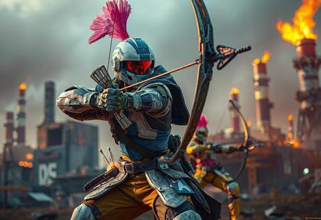 A detailed, action-details scene is depicted in 4K quality, featuring a blue and white Junk Archer  center stage, wielding Phoenix Bow in a dynamic pose. Junk Archer, colored pink and yellow,Machine Conversion Factory wait in the background, boasts vibrant colors, sharp lines, and harmonious hues, all set against a Machine Conversion Factory. It's reminiscent of a matte painting with impeccable composition, creative angles, and balanced editing, conveying a powerful message through vivid emotions. The focus is on the captivating lighting, intricate details, and well-timed moment, making it a stunning and dynamic artwork, worthy of trending on ArtstationHQ or CGSociety.