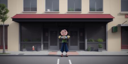 <lora:15MovingMeditations:1>meditation scene: a person holding a doll in front of a building