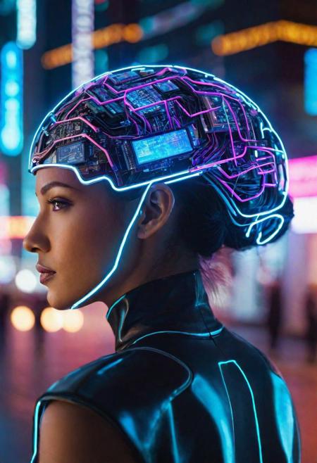 Advanced cyber-brain, network of glowing connections, high-tech, ultra-detailed circuitry, set against a backdrop of a futuristic cityscape, neon glows, AI-driven, interactive interfaces, depth of field, showcasing human-machine fusion, in a dynamic pose, UHD clarity.