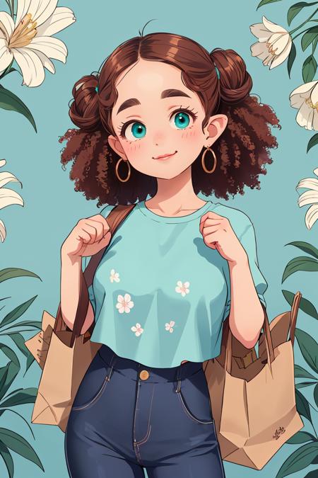 female Teenager, Tall, Afro-Caribbean, Turquoise eyes, Pointed Ears, Straight Nose, Round Chin, Square Jaw, Full Cheeks, Straight Forehead, Square face shape with Round Forehead,  , Light Chestnut Wispy bangs hair, Gratitude wearing Floral Paperbag waist pants,  Tied sleeve blouse, , Bandana,  and, One hand raised, signaling a question