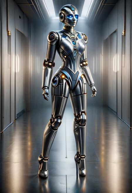 faceless female robot, walking in a wide white futuristic corridor, thigh high heel boots, , silver catsuit, silver skin, luminous blue light from within, art deco cyborg, no hair
cyberbotgilzv1 , TheFaceLess, ais-artdeco