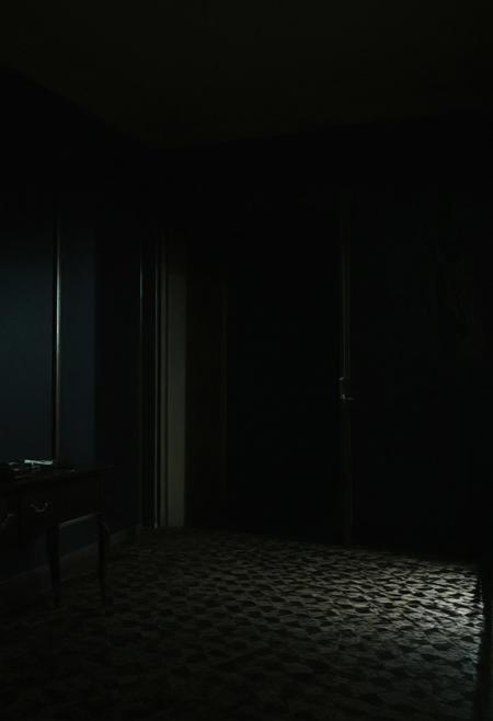 The room gradually transforming into a dark, twisted version of her reality, with shadows creeping closer, symbolizing her entrapment