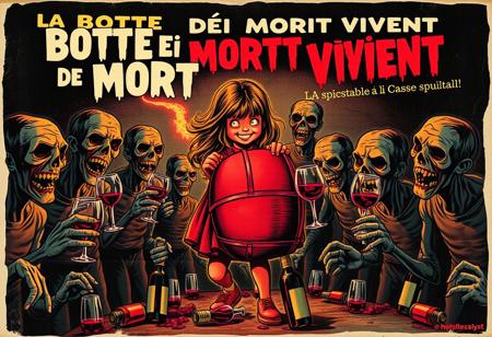 Create a vintage-style Italian horror-comedy poster for La Botte dei Morti Viventi (The Cask of the Living Dead), a playful sequel to The Enorcist. Set in a spooky 1970s Italian countryside, the poster should show the now-possessed little girl carrying her inseparable wine cask, joyfully sharing wine with a group of delighted zombies. These undead characters should have a humorous twist, with goofy smiles and wine glasses in hand, eagerly waiting for a pour.
The design should echo classic horror posters with bold, dramatic colors, dark shadows, and eerie lighting but with a satirical undertone. Include Italian text for authenticity, using retro 70s typography. Show the girl pouring wine from the cask with a ghostly glow or red wine-colored mist emanating from it. Add small, fun details like wine bottles scattered around, some broken, and happy zombie faces with purple wine-stained lips. For extra effect, age the poster with tears, faded colors, and a slightly rotten, crumpled paper look, as if it has been plastered on a wall since the 70s.