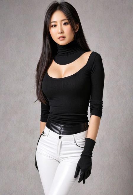 Female, 20, Japanese, Actress, slender and graceful with big breasts and fair skin, long, silky black hair, and expressive hazel eyes. Top: A white, sleeveless turtleneck that clings to her petite frame, with a cutout that highlights her toned abs. Bottom: High-waisted, black leather pants that show off her toned legs.