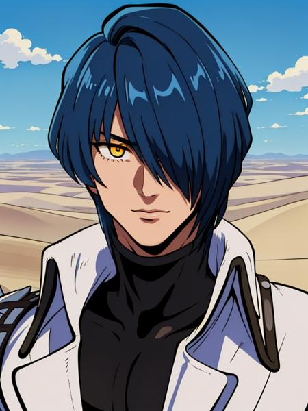 masterpiece, 1boy, legato, desert landscape, detailed background, blue hair, hair covering eye, yellow eye, white clothes, black turtleneck, spikes, fingerless gloves, <lora:legatov1:1>