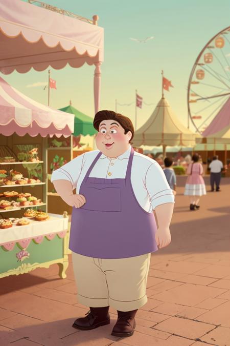 <lora:TangledAdventure:1> a chubby man in a baker's outfit, outside at a fair, cartoon