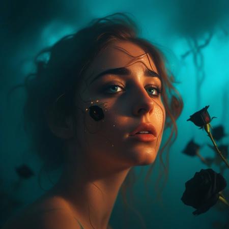 Beautiful Young woman, 18 years old, cute face, dispassionate, avoiding eye contact, (((black roses, many roses))), fireflies flying around, tears rolling down her face, moody, dark, hazy, foggy, orange light breaks through turquoise fog, dramatic lighting, artsy, pop album cover shot, shadows and reflections play in the background, orange and blue, dramatic angle, light streaks, bloom, glow, glitch, vhs effect, unreal, gold and black