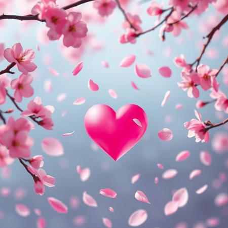 Pink heart, sakura petals everywhere