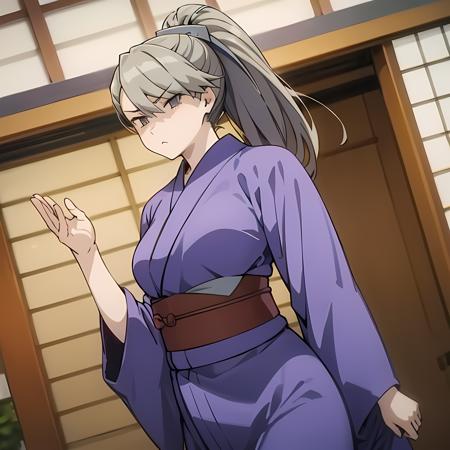 kishi_himeko, 1girl, solo, serious face, cowboy shot, japanese clothes, purple kimono, yukata, ryokan, athletic, grey eyes