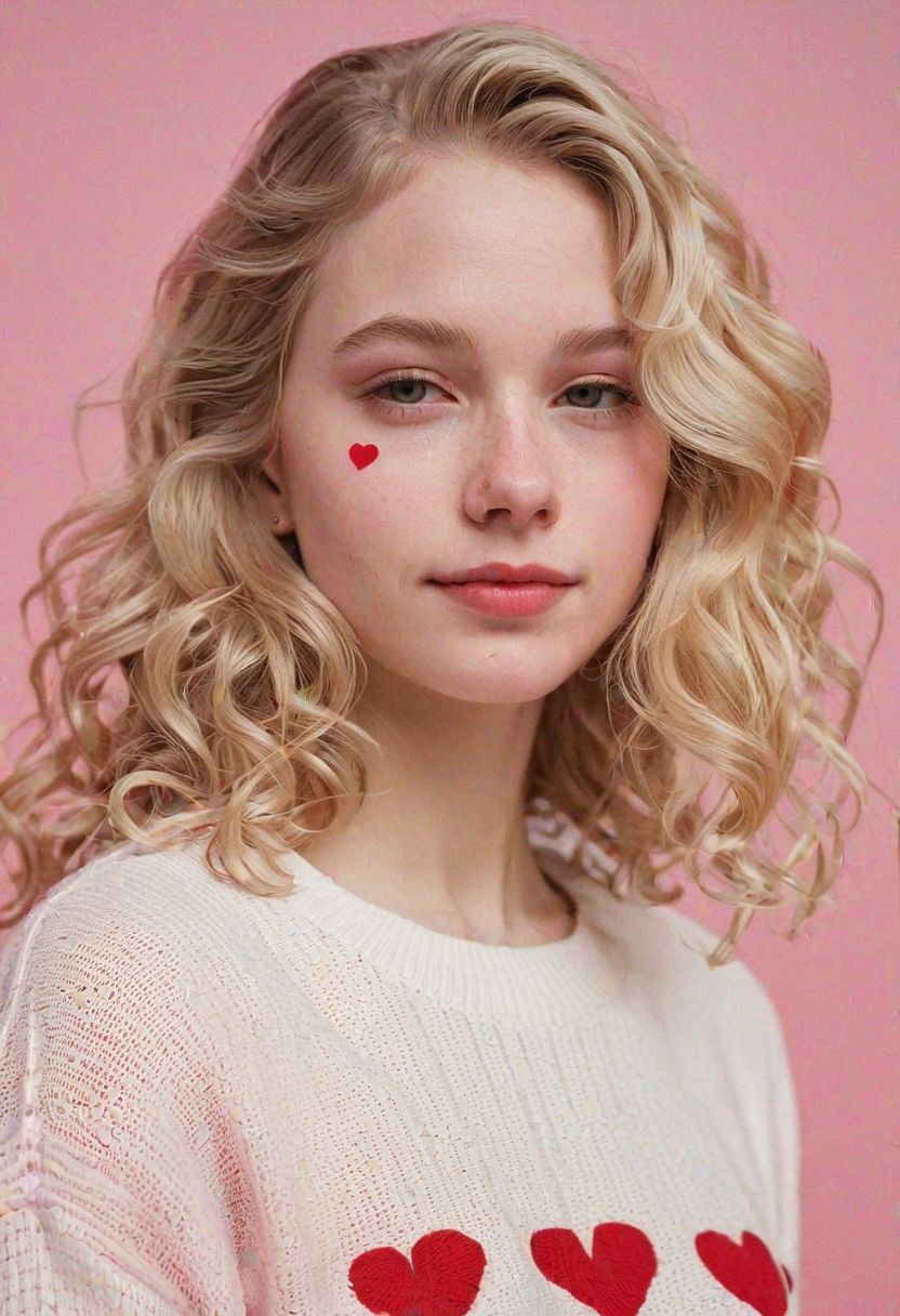 ASCII oil portrait of a girl with extremely small breasts, (nipple outline, pokies under shirt:1.4), long blonde wavy hair, extremely beautiful woman, narrow face, model, Valentine`s Day, hearts, love, red and white clothing, wearing tight sweater, simple background, pink gradient background, pale skin, white girl, detailed skin, looking at viewer, small smile, cinematic, great shading, moody slighting, (by Hope Gangloff:1.2),